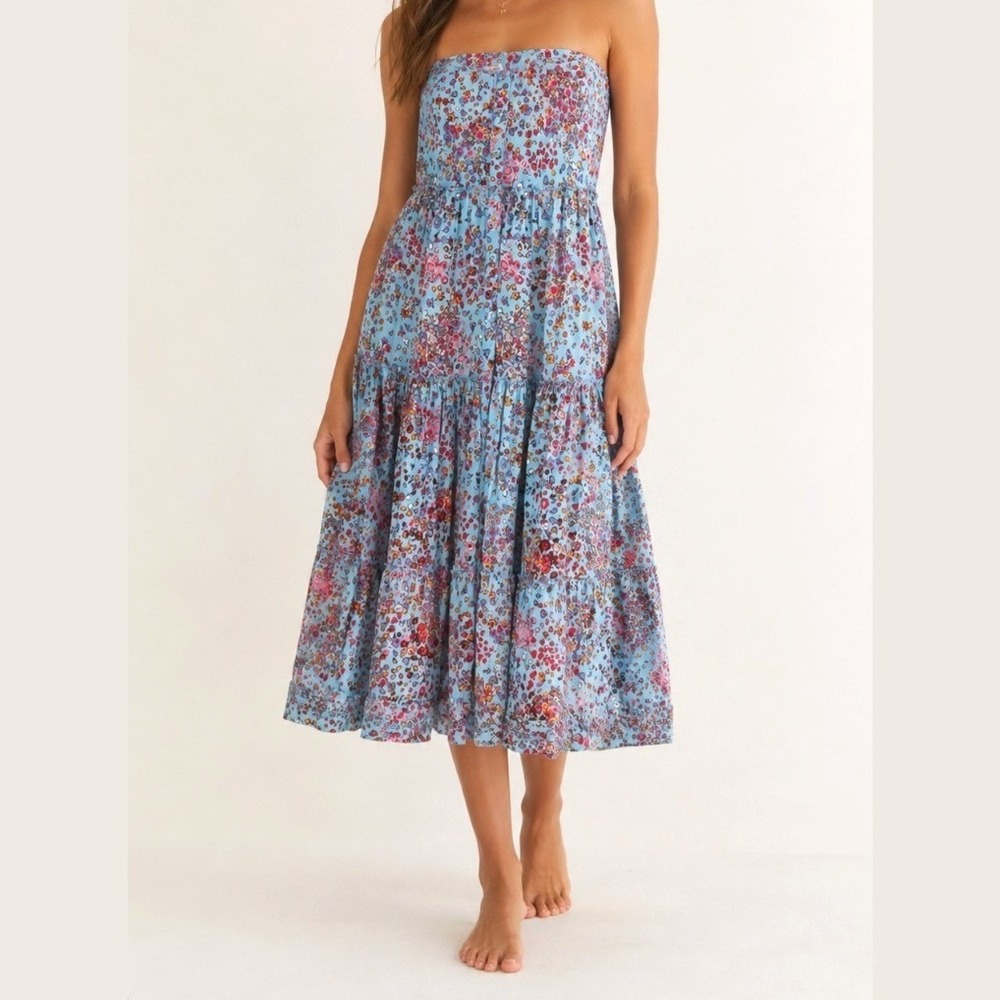 Poupette‎ St Barth Womens S/M Midi Dress Blue Floral Tiered Boho Strapless Beach
